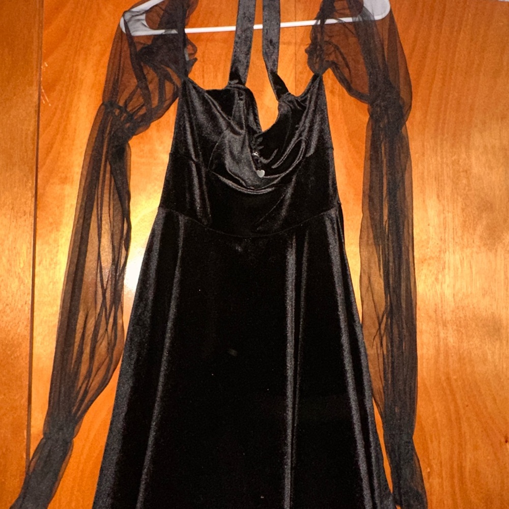 Elegant Black Velvet Dress with Sheer Sleeves